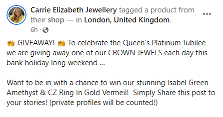 Carrie Elizabeth Giveaway Promo for Bank Holiday June 2022 on Facebook