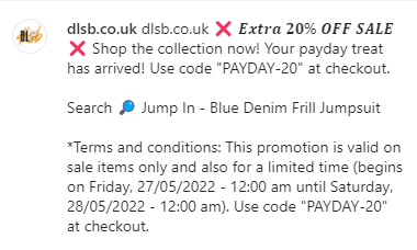 20% DLSB Discount Code for Pay Day 2022 on Instagram